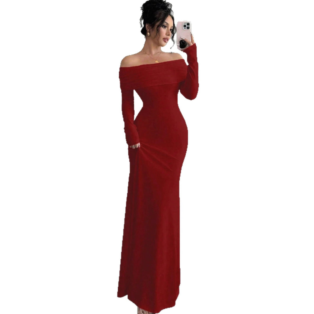 Damen elegantes Schulterfreies Langarm-Maxi-Kleid mit raffinierten Rückendetails Drune