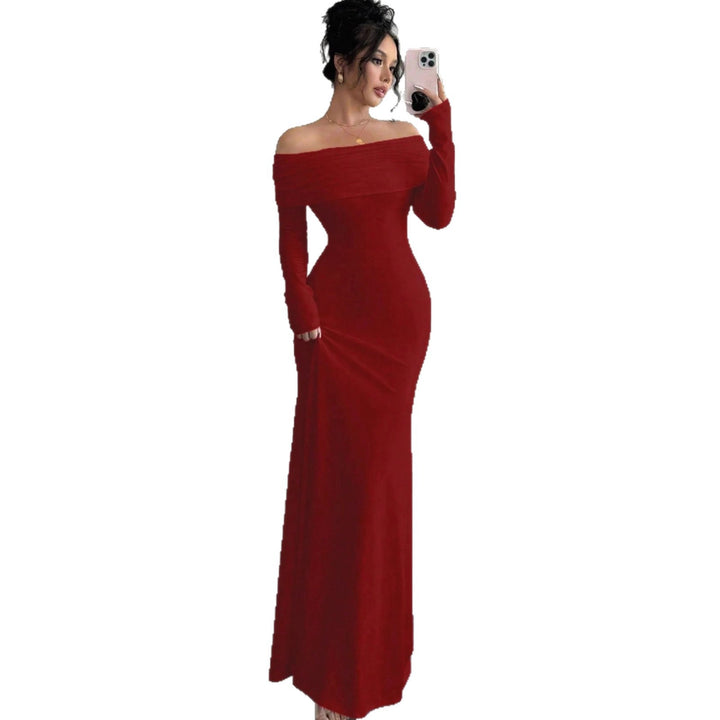 Damen elegantes Schulterfreies Langarm-Maxi-Kleid mit raffinierten Rückendetails Drune