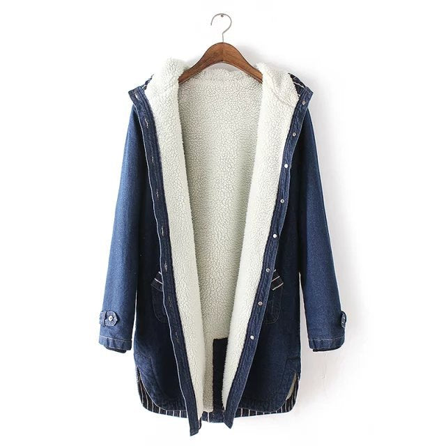 Damen nan gefütterter Denim Parka mit Teddyfutter, Kapuze und aufgesetzten Taschen Drune