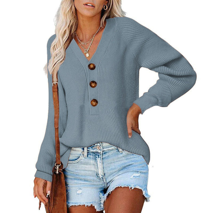 Damen Gerippter Strickpullover mit V‑Ausschnitt, Zierknopfleiste und Ballonärmeln Drune