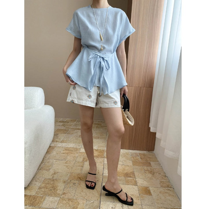 Damen elegantes Oberteil mit seitlichem Bindegürtel und voluminösen Ärmeln Drune