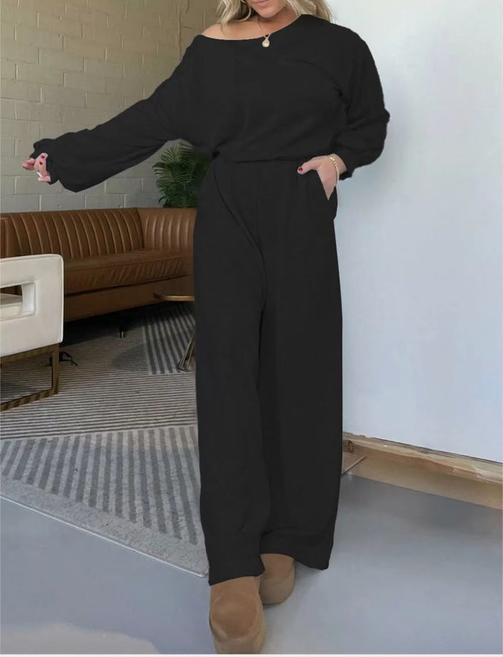 Damen Komfortabler Jumpsuit mit weit geschnittenen Beinen und tiefem Ausschnitt Drune