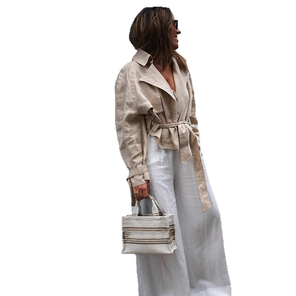 Damen Kurztrench mit Taillen-Knotendetail, Cape-Ärmeln und kastigem Cropped-Schnitt Drune