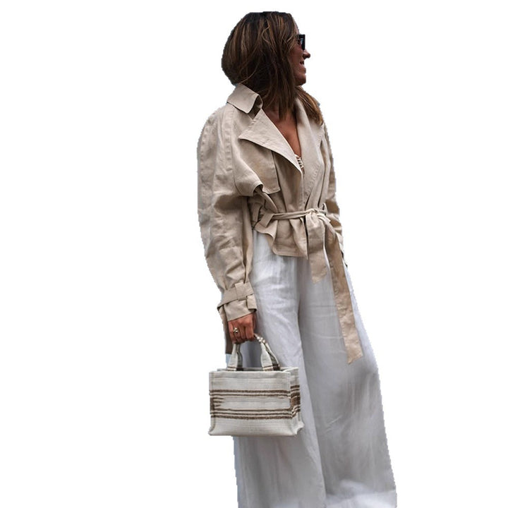 Damen Kurztrench mit Taillen-Knotendetail, Cape-Ärmeln und kastigem Cropped-Schnitt Drune