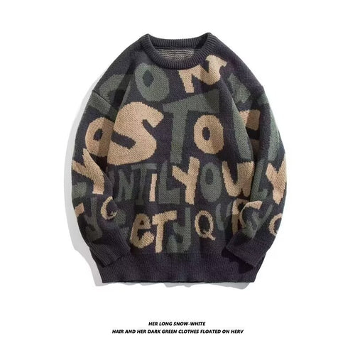Damen Grobstrickpullover mit kreativen Schriftzügen Drune