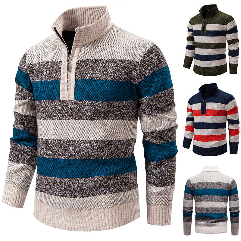 Herren modischer Strickpullover mit halbhohem Kragen und kontrastierenden Streifen Drune