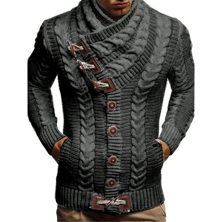 Herren Grobstrickjacke mit kreativem Schalkragen und Knopfdetails Drune