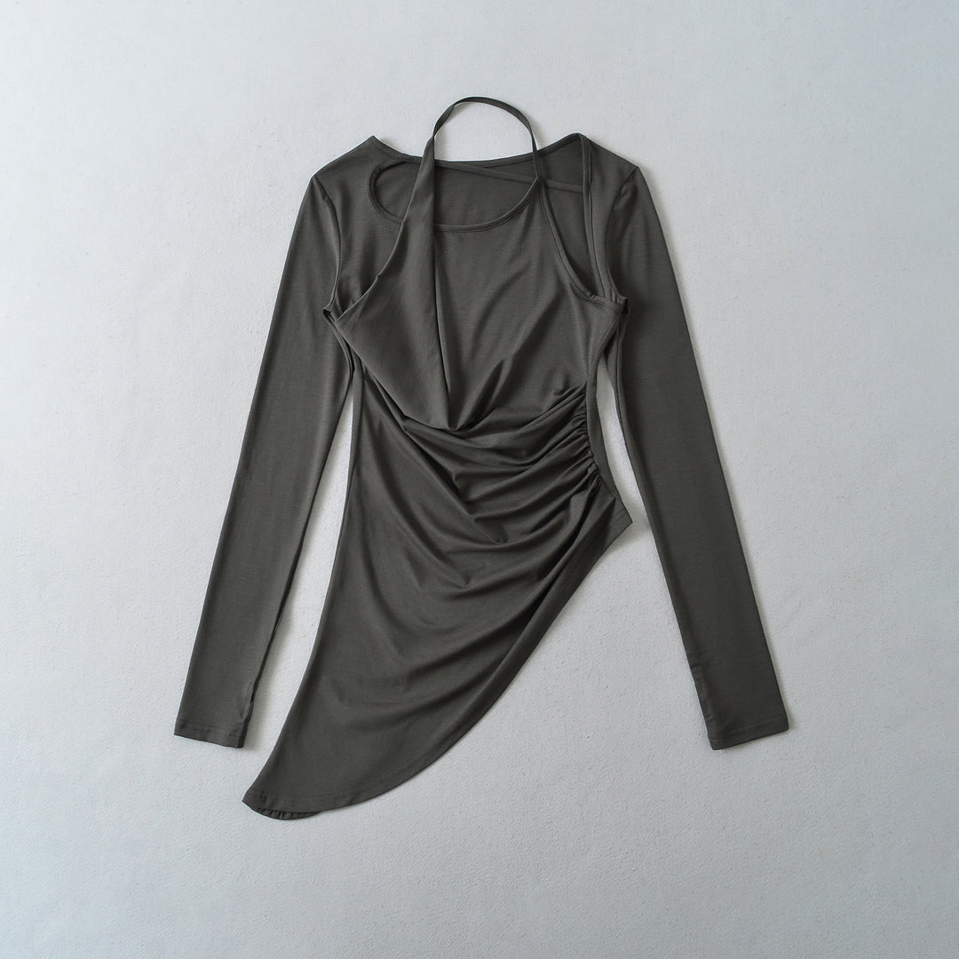 Damen Figurbetontes Langarm-Midikleid mit asymmetrischem Saum, Raffung und Neckholder Drune