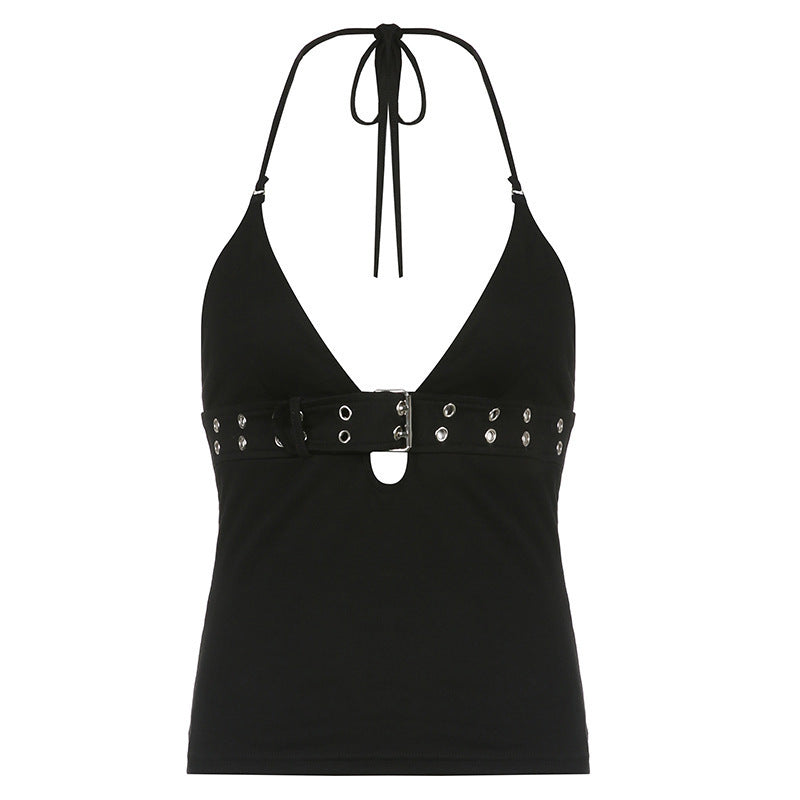 Damen Crop-Top mit tiefem V-Ausschnitt und dekorativer Schnalle Drune