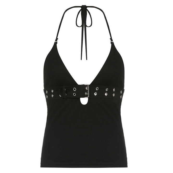 Damen Crop-Top mit tiefem V-Ausschnitt und dekorativer Schnalle Drune