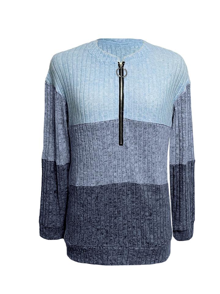 Damen nan gerippter Longpullover mit Ringreißverschluss und Colorblock-Struktur Drune