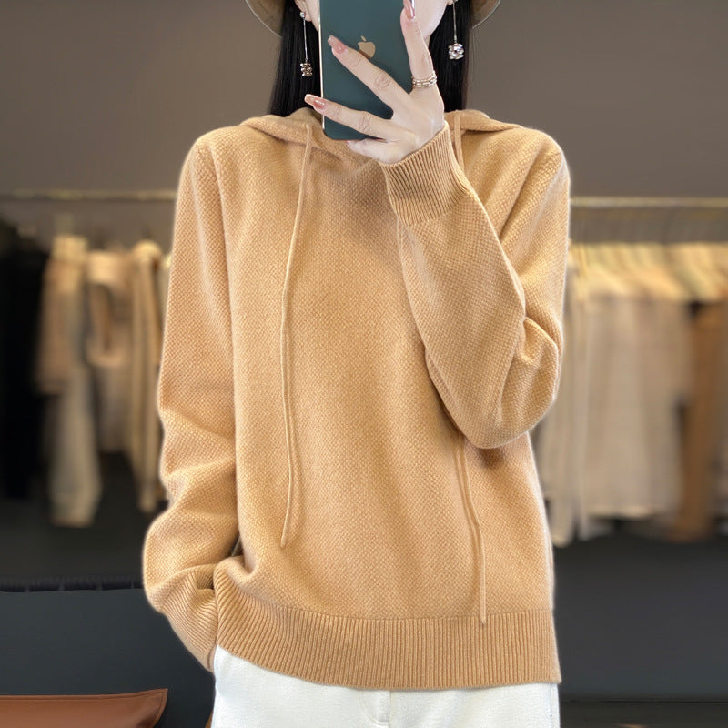 Damen weicher Feinstrick‑Kapuzensweater mit melierter Struktur und gerippten Bündchen Drune