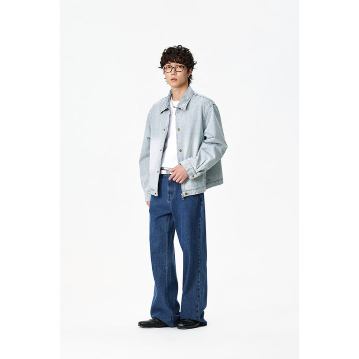 Unisex Gestreifte Oversize-Denimjacke im Worker-Stil mit Stehkragen und Zwei-Wege-Reißverschluss Drune
