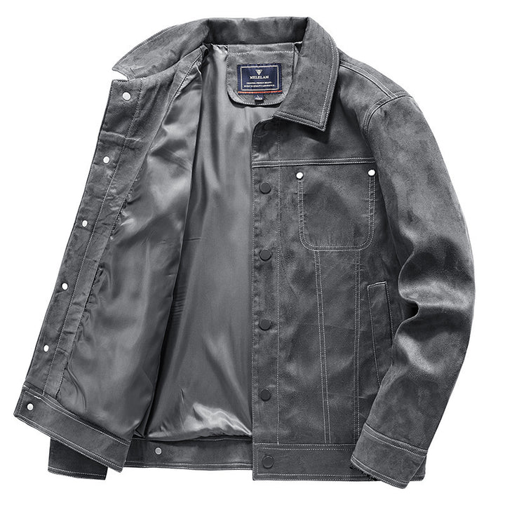 Herren Wildleder-Truckerjacke mit Druckknöpfen und Kontrastnähten Drune