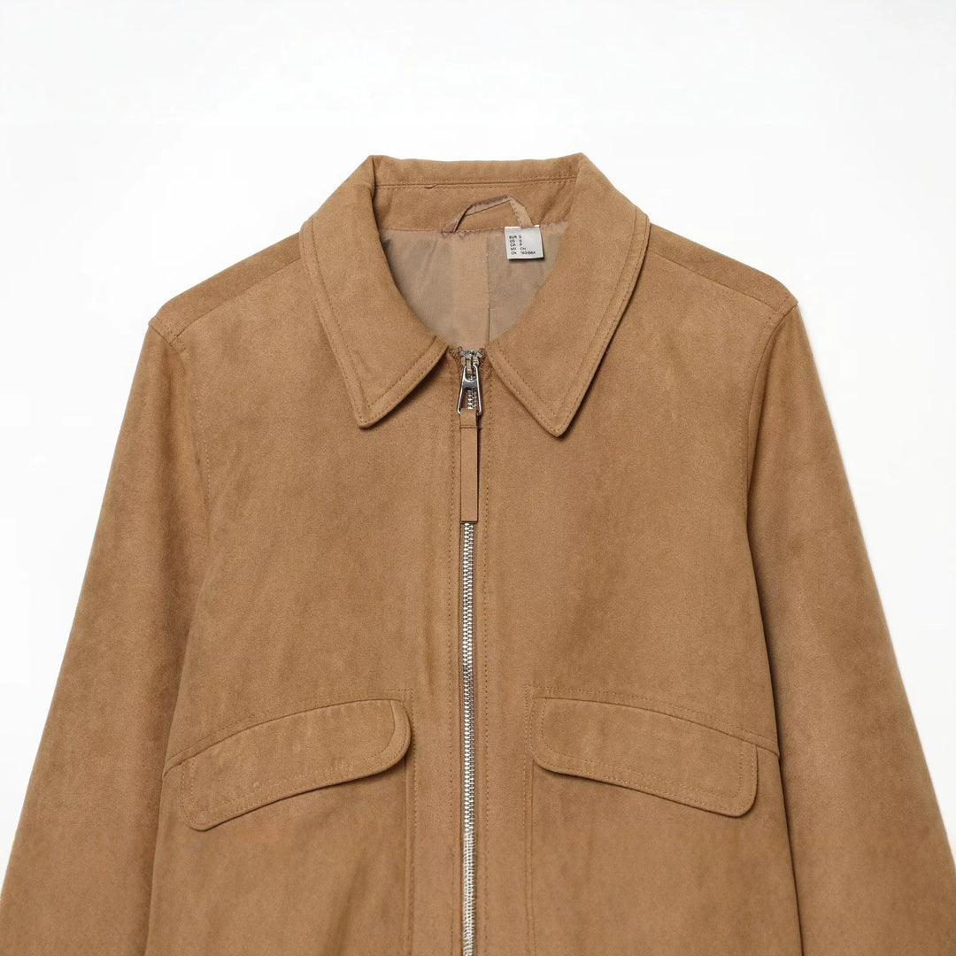 Damen Kurzer Veloursleder‑Blouson im Boxy‑Schnitt mit Hemdkragen, Klappentaschen und breitem Rippbund Drune
