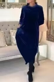 Damen Elegantes Samt Maxi Kleid mit Hohem Rollkragen, Seitentaschen und Lockere Silhouette Drune