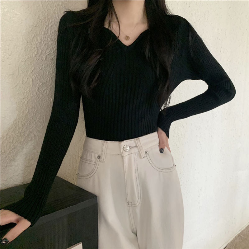 Damen V-förmiger Feinstrickpullover mit Rippstruktur Drune