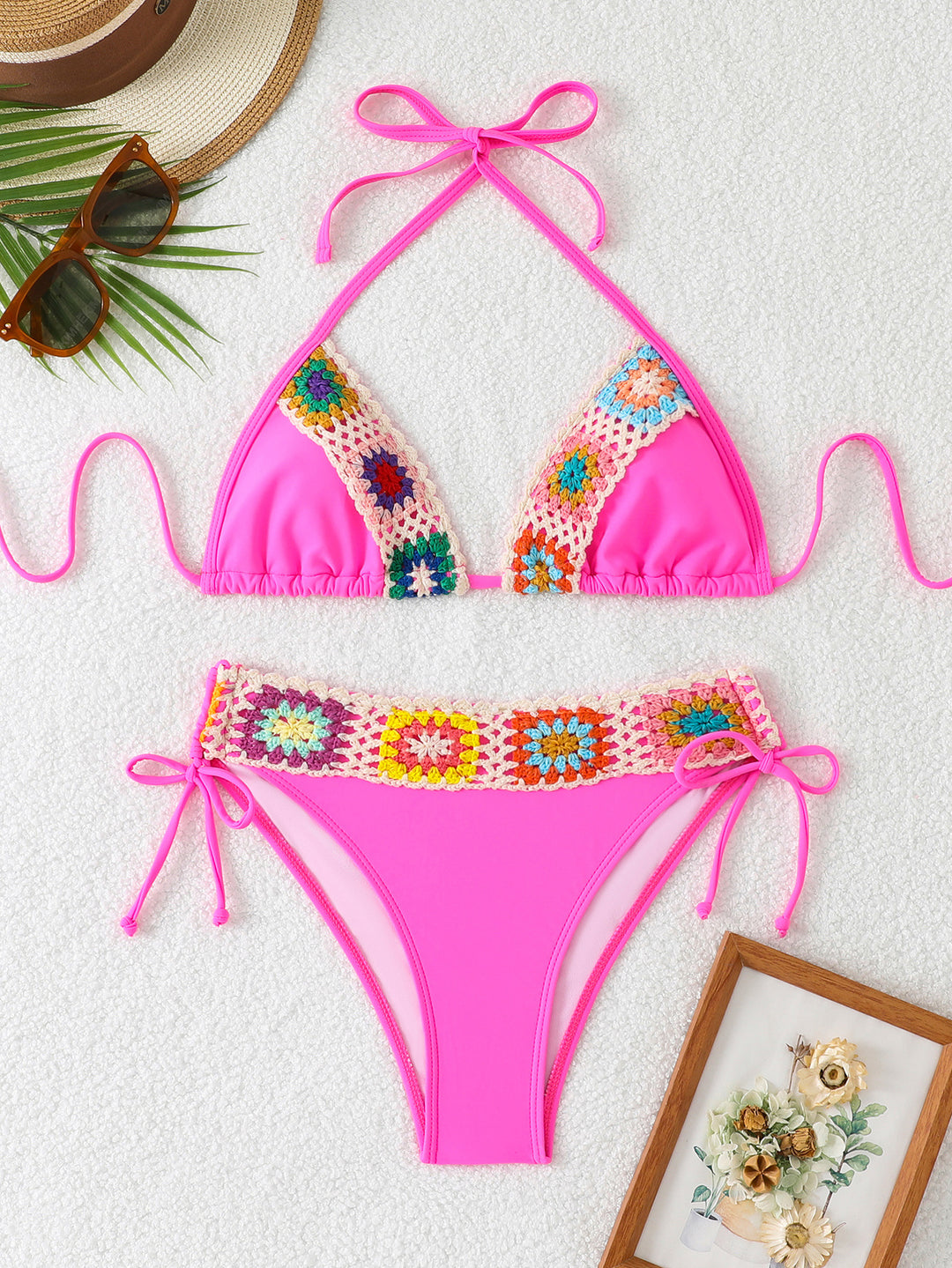 Damen Triangel-Bikini mit kreativen Häkelapplikationen Drune
