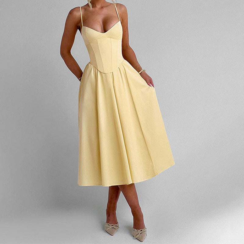Damen Midikleid mit herzförmigem Ausschnitt und schwingendem Rock Drune