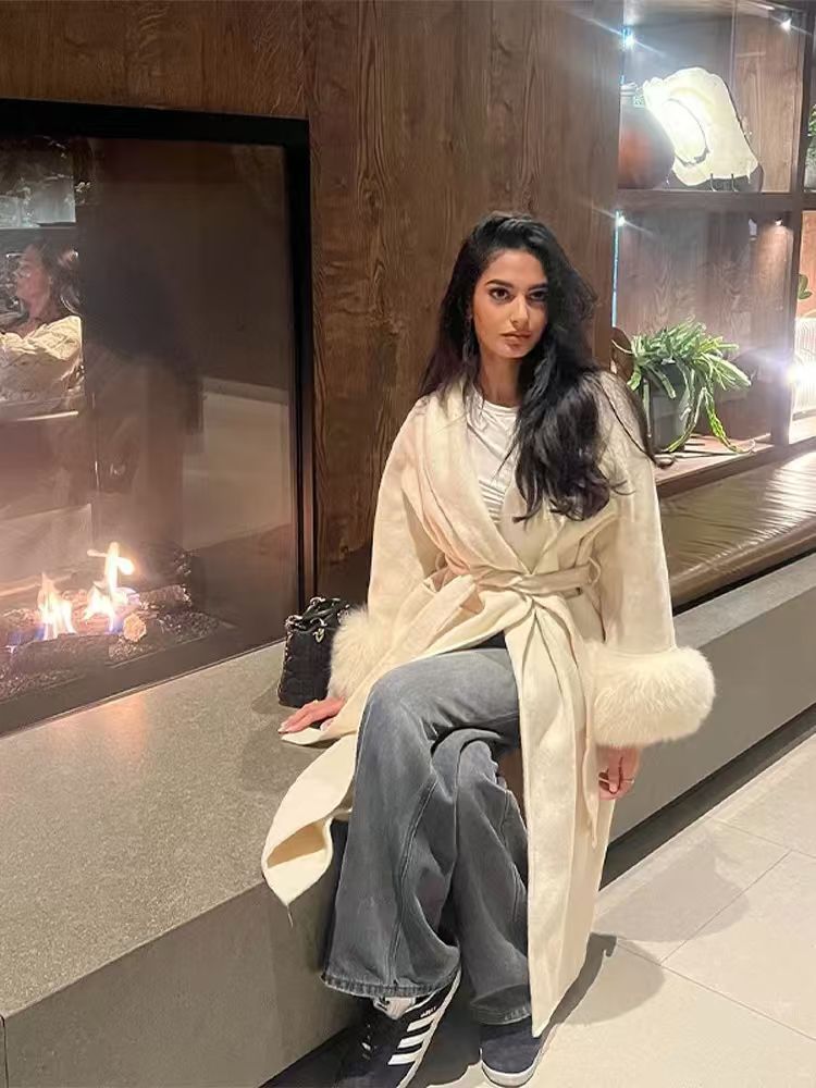 Damen eleganter, warmer Mantel mit luxuriösen Fellsärgen Drune