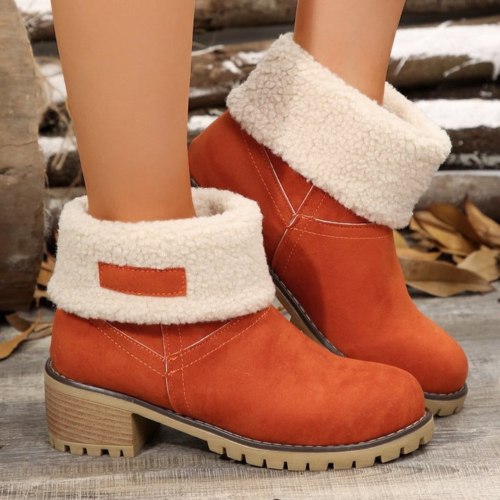 Damen warme Stiefeletten mit flauschigem Schafsfellkragen Drune