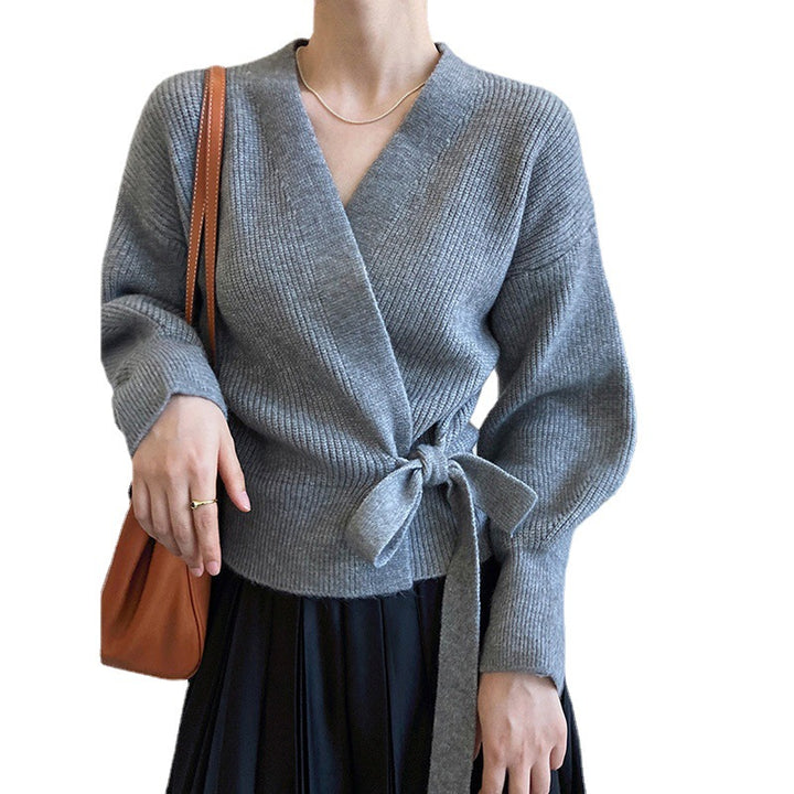 Damen elegante Wickelstrickjacke mit tiefem V-Ausschnitt und modischem Gürtel Drune
