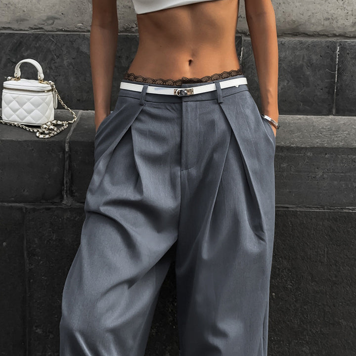 Damen elegante Weite Hosen mit hohe Taille und dekorativem Spitzenbund Drune