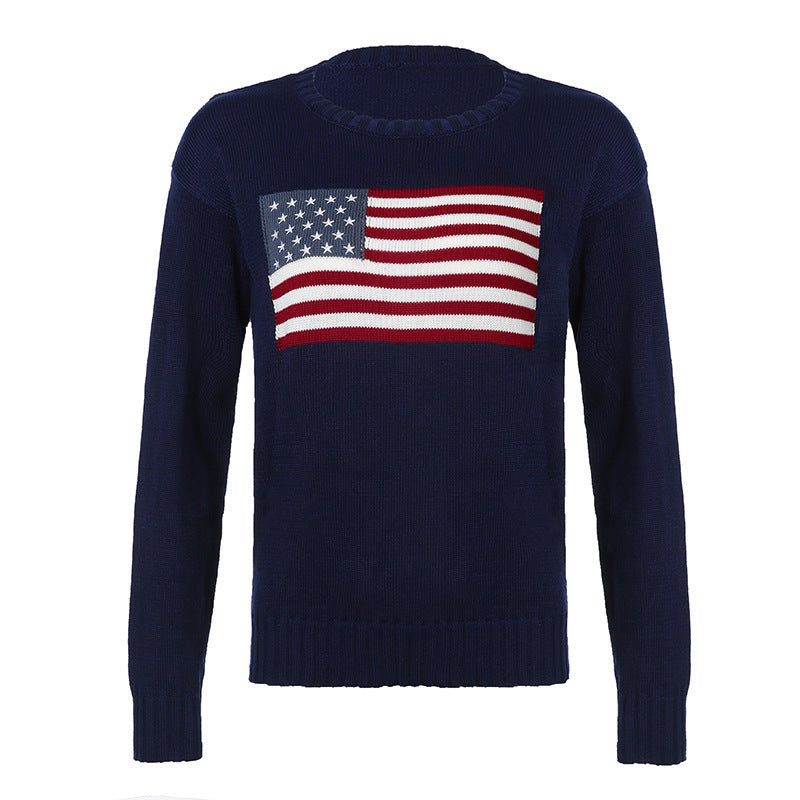 Damen Kuscheliger Baumwollmix-Strickpullover mit Rundhals und eingestrickter Flaggenapplikation Drune
