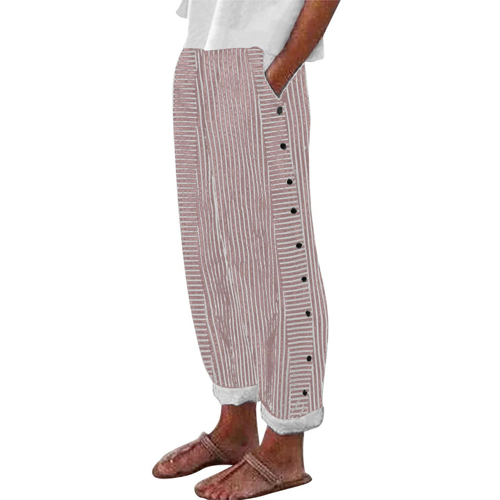 Damen Leichte Gestreifte Hose mit Seitlichen Knopfverschluss und Elastischem Bund Drune