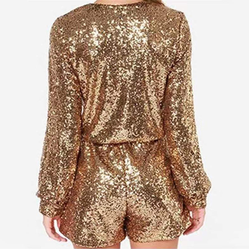 Drune Damen Kurzer Pailletten-Jumpsuit Langarm mit V-Ausschnitt