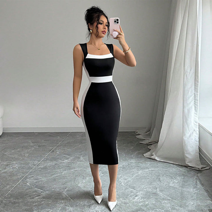 Damen figurbetontes Midi-Kleid mit elegantem Farbkontrast und schickem Ausschnitt Drune
