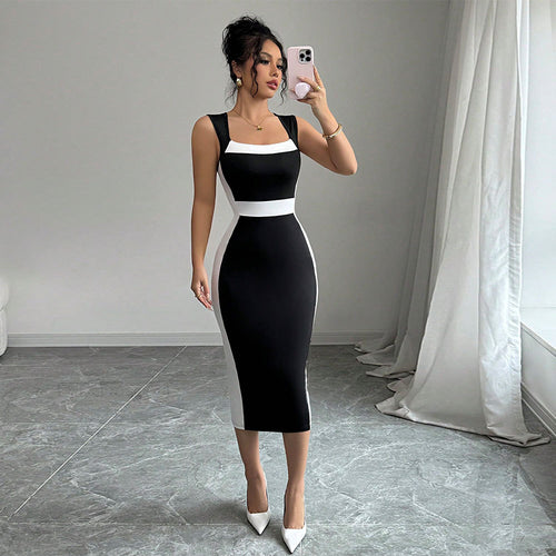 Damen figurbetontes Midi-Kleid mit elegantem Farbkontrast und schickem Ausschnitt Drune