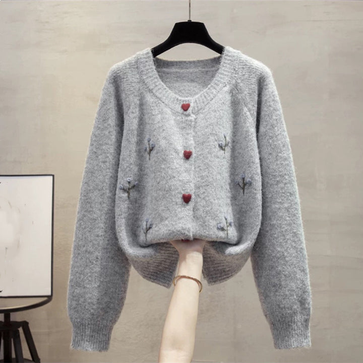 Damen kuscheliger Strickjacke mit Herzen und Blumenstickerei Drune