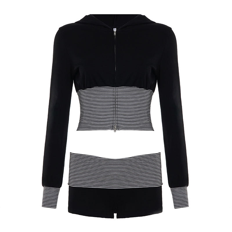 Damen nan kurz geschnittenes Lounge-Set mit Kapuzen-Cropped-Zip und gestreiften Highwaist-Shorts Drune