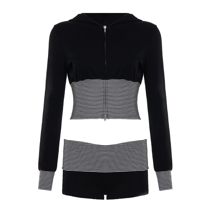 Damen nan kurz geschnittenes Lounge-Set mit Kapuzen-Cropped-Zip und gestreiften Highwaist-Shorts Drune