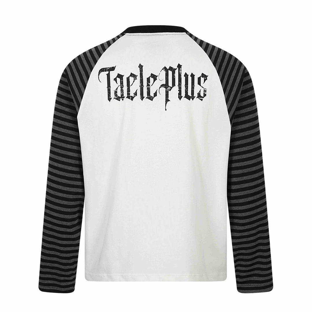 Unisex Langarmshirt im Raglanstil mit Gothic-Print und gestreiften Ärmeln Drune