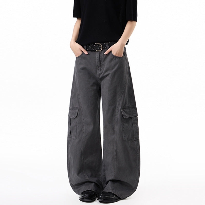 Damen Extraweite Hochtaillierte Cargo-Palazzo-Hose aus Baumwoll-Twill mit Pattentaschen Drune