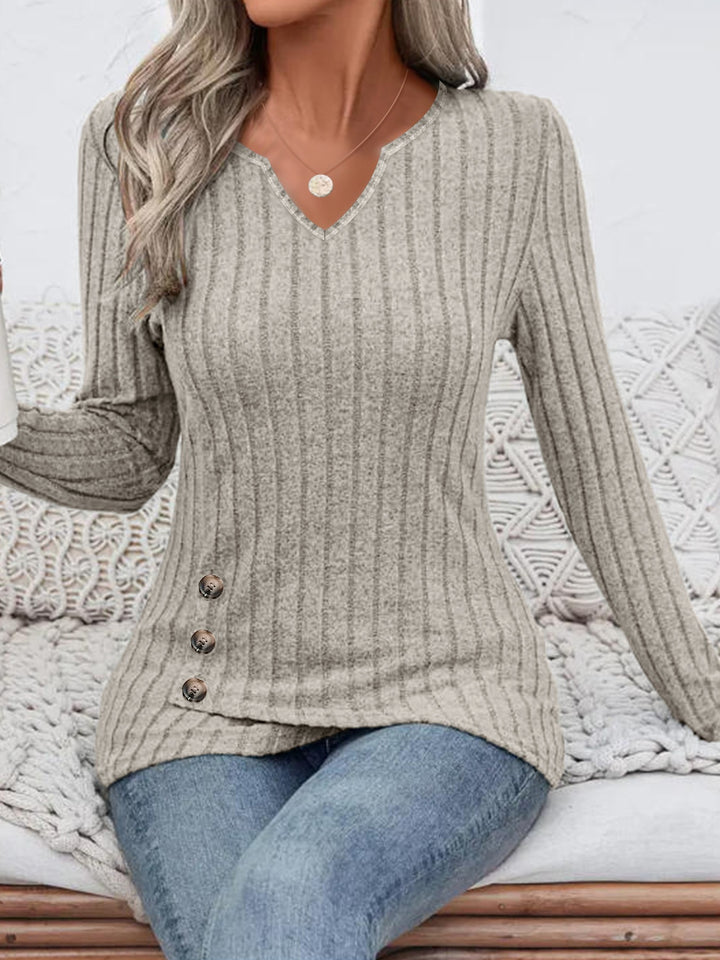 Damen Geripptes Longsleeve-Tunika mit V-Ausschnitt und seitlichen Zierknöpfen Drune