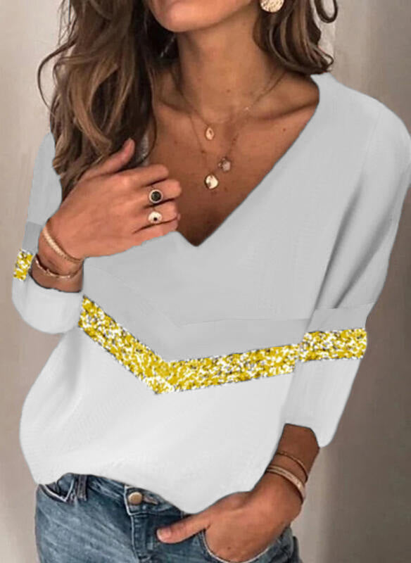 Damen Stylischer V-Ausschnitt Feinstrickpullover mit Glitzerband und Colorblock-Einsatz Drune