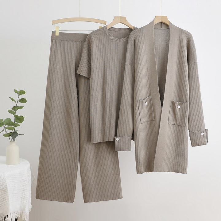 Damen Strick-Loungewear Set mit langen Ärmeln und praktischen Taschen Drune