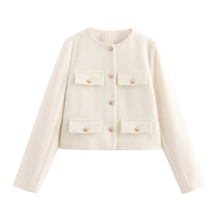 Damen Kurze Bouclé-Blazerjacke mit Rundhalsausschnitt, Zierleistentaschen und goldfarbenen Knöpfen Drune
