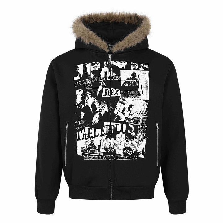 Damen Kapuzen‑Sweatjacke mit Kunstfellbesatz, Frontzip und Collage‑Print Drune