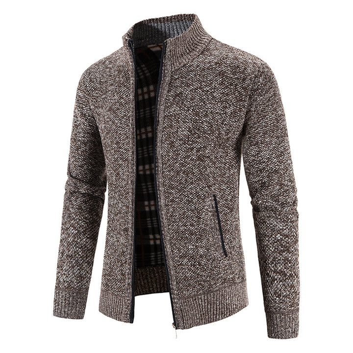 Herren nan Strickjacke mit durchgehendem Reißverschluss, Stehkragen und kariertem Futter Drune