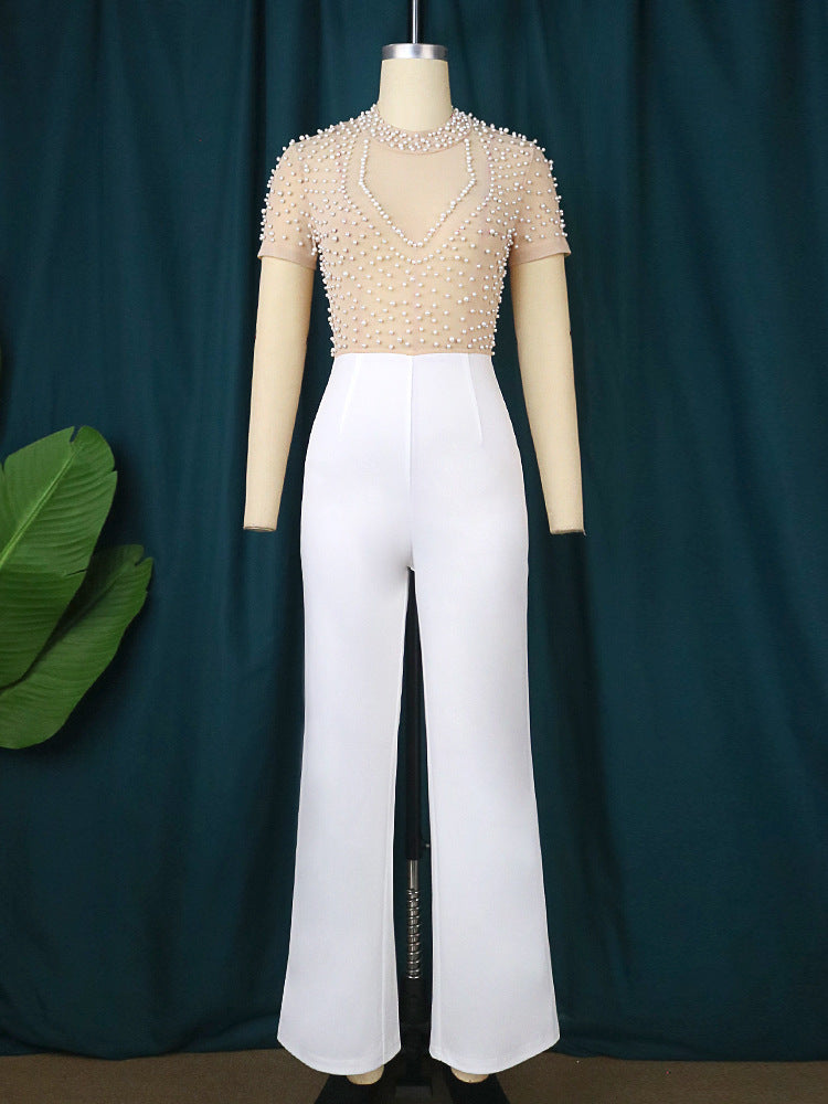 Damen eleganter Jumpsuit mit schimmerndem Perlen-Besatz Drune