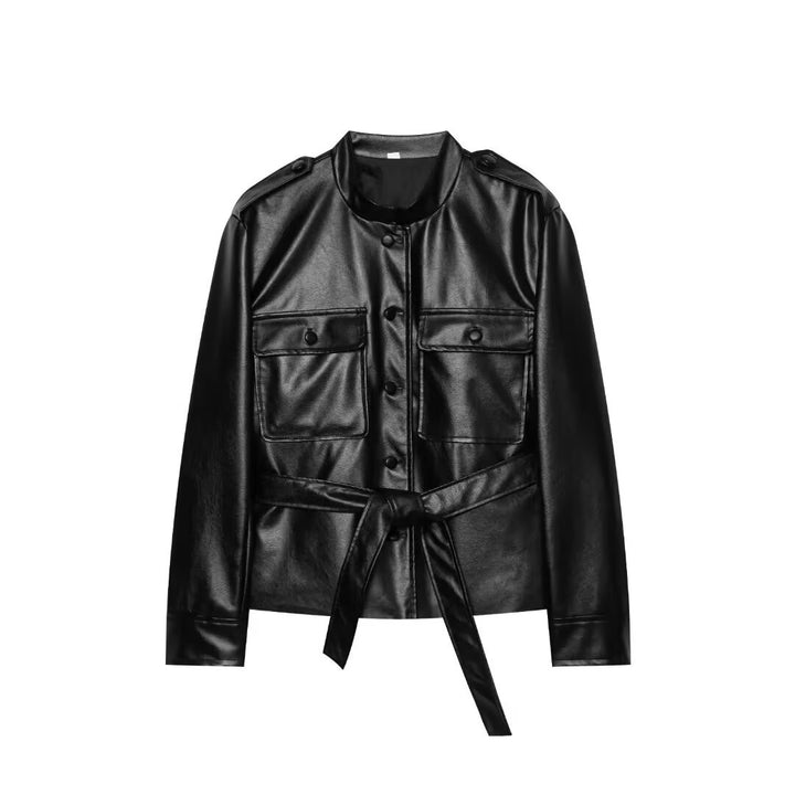 Damen Kurzjacke aus Kunstleder mit Taillengürtel, Pattentaschen und Stehkragen Drune