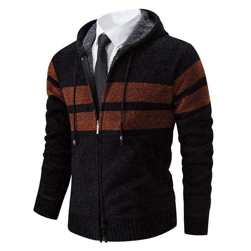 Herren nan gestrickte Kapuzenjacke mit Teddyfutter, verdecktem Reißverschluss und kontrastreifen Drune