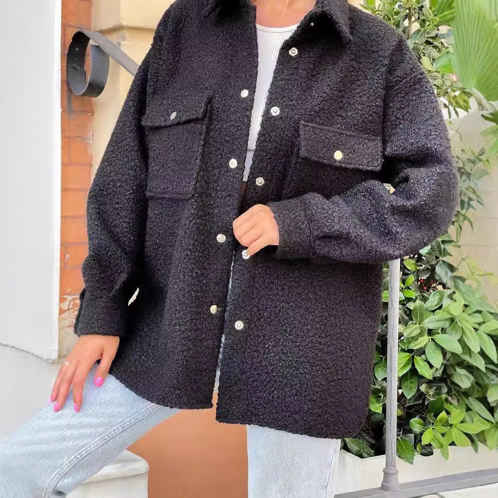 Damen Oversized Teddy-Übergangsjacke mit Brusttaschen und Druckknöpfen Drune