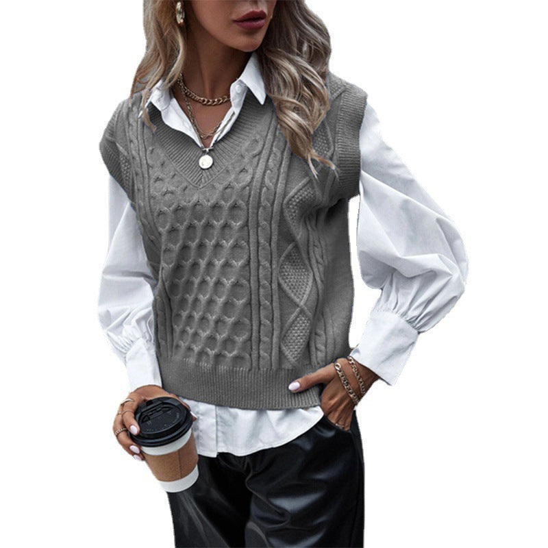 Damen Strickpullover mit Zopfmuster und V-Ausschnitt Drune