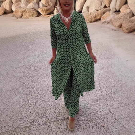 Damen Freizeit Maxi Kleid in ornamentalem Druck mit V-Ausschnitt, 3/4-Ärmeln und zentralem Frontschlitz Drune