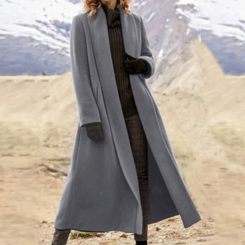 Damen eleganter langer Wollmix-Mantel mit offenem Fall und seitlichen Eingrifftaschen Drune
